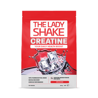 Red package of 'The Lady Shake Creatine' on a white background